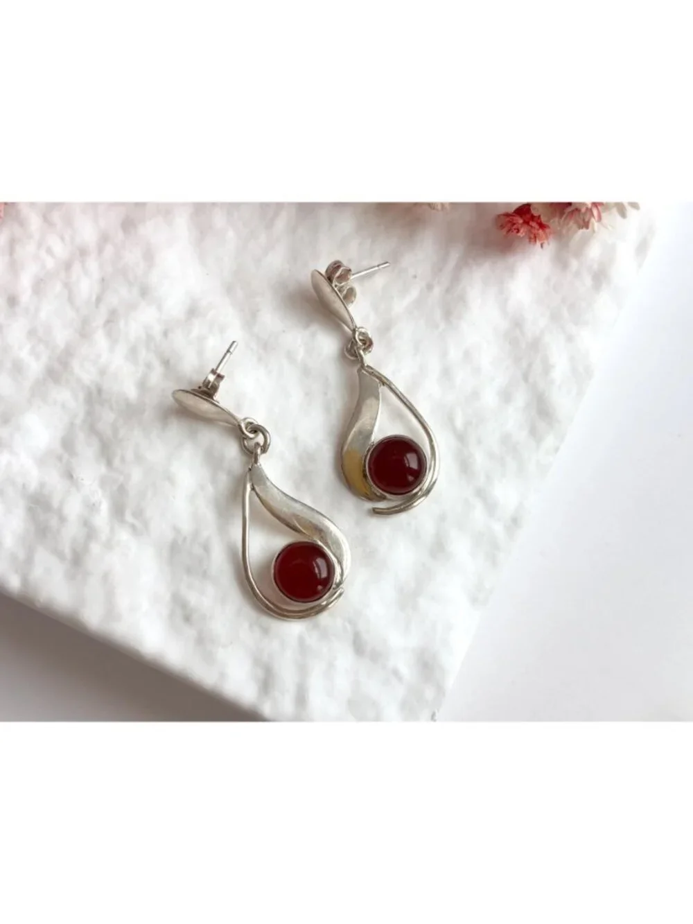 Carnelian Stone Midcentury Modern Stylized Vintage Sterling Silver 925 Earrings